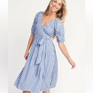 Old Navy Waist Defined Summer Striped Belted Cotton Midi Wrap Dress Blue White